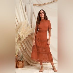 Lulus Dreaming of You Rust Orange Swiss Dot Midi Dress size XS